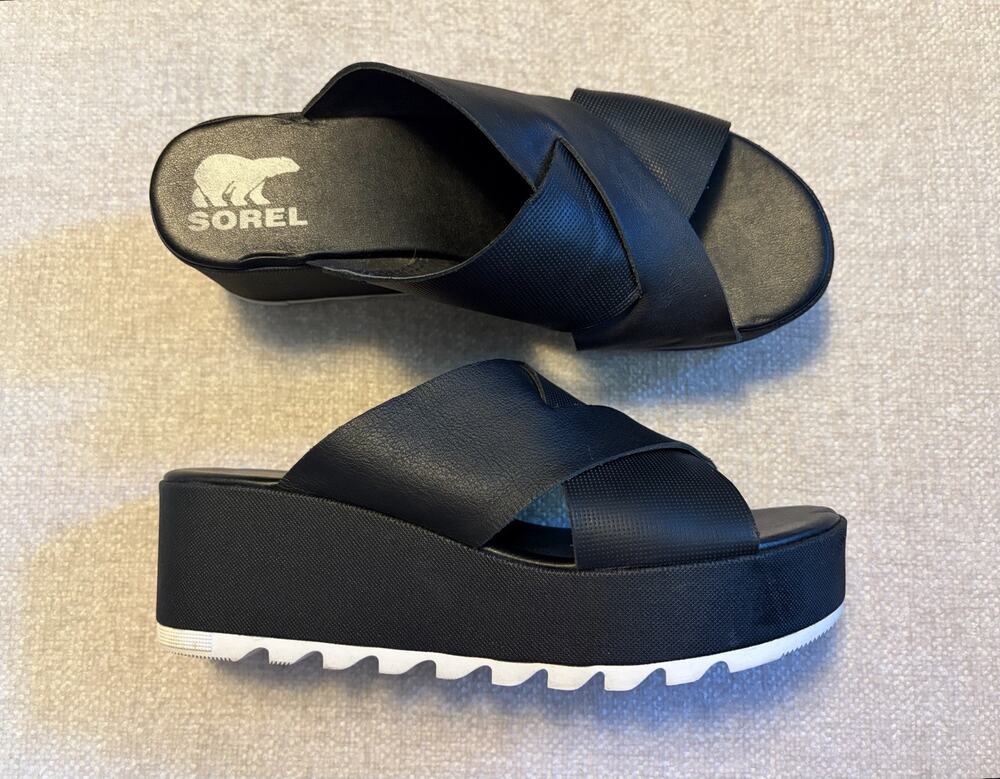 Sorel Cameron Flatform Mule Sandals Black Sea Salt Leather Women’s Sz 9 Platform
